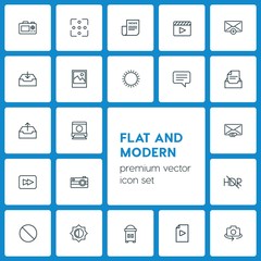 Modern Simple Set of video, photos, email Vector outline Icons. ..Contains such Icons as  picture,  email,  icon,  photo,  mail, image, movie and more on dark background. Fully Editable. Pixel Perfect