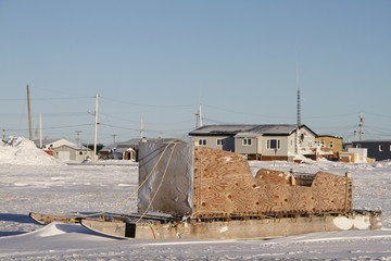 Side view of a traditional Inuit cargo sled or Komatik in the Arviat style in the Kivalliq region,...