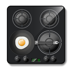 Vector 3d realistic gas stove, black cooktop, hob with four circle burners, with frying pan and eggs on it, isolated on background. Modern household appliance with digital timer for cooking food