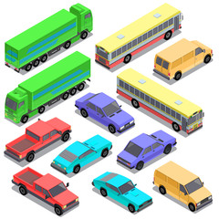 Vector set of isometric urban transportation. Cars with shadows isolated on white background. Truck, lorry, hatchback, pickup, sedan, bus, sport automobiles in cartoon style. City vehicles collection