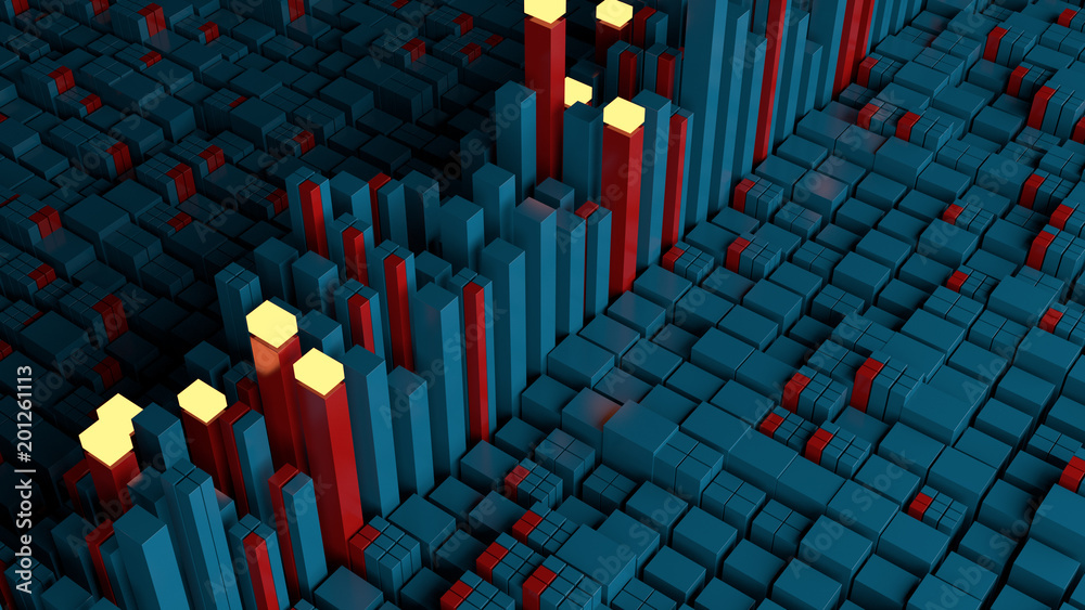 Poster 3d render abstract background made of random vertical rectangles. graph concept. analysis vertical b