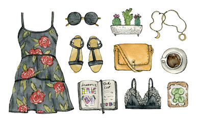 watercolor fashion sketch. summer woman outfit, clothes and accessories. isolated elements.