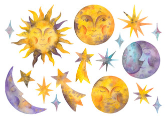watercolor sun, moon,  stars and celestial bodies. isolated elements on a white background