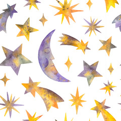Obraz premium watercolor moon, comet, stars and celestial bodies. seamless pattern on a white background