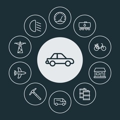 transports, industry, buildings Infographic Circle outline Icons Set. Contains such Icons as  tank,  transport,  sedan,  industry,  airplane, power, bike and more. ..Fully Editable. Pixel Perfect..