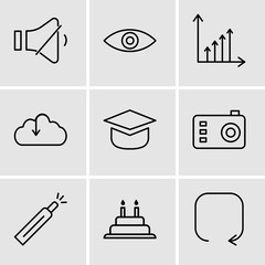 Set Of 9 simple editable icons such as Update arrow, Cake with candles, Battery level, Photo camera, Add tool, Download from the cloud, Benefit chart, Eye, Volume control