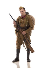 Male actor in the form of ordinary soldiers of the Russian army in the period 1939-1940, with...