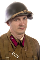 Male actor in the form of an ordinary soldier infantryman of the Russian army during the Second...