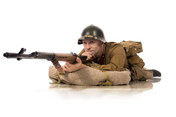 Male actor in the form of an ordinary soldier infantryman of the Russian army during the Second...