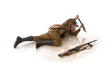 Male actor in the form of an ordinary soldier infantryman of the Russian army during the Second...