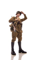 Male actor in uniform and helmet of ordinary soldiers of the Russian army in the period 1939-1940,...