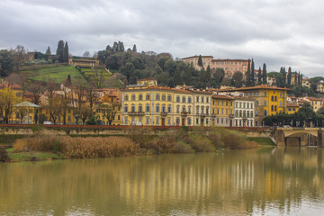 Beautiful panoramic view of the Arno River and the town of Renaissance. Firenze. Florence. Italy