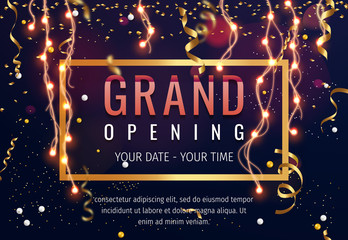 Grand opening invitation concept. Celebration design. Gold glitter letters on abstract background with light effect and bokeh.