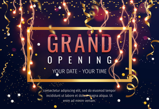 Grand opening invitation concept. Celebration design. Gold glitter letters on abstract background with light effect and bokeh.