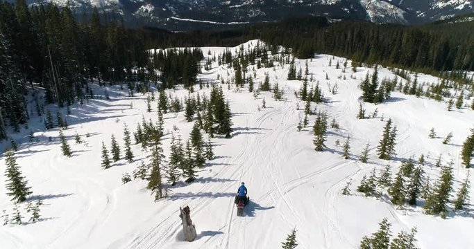 Snowmobile Winter Man Traveling Trail Through Mountain Pass