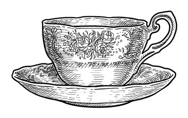 Antique porcelain cup of tea illustration, drawing, engraving, ink, line art, vector