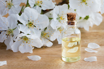 A bottle of essential oil with white blossoms