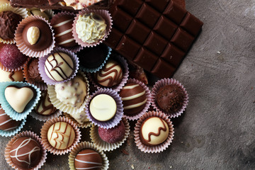 a lot of variety chocolate pralines, belgian confectionery gourmet chocolate.