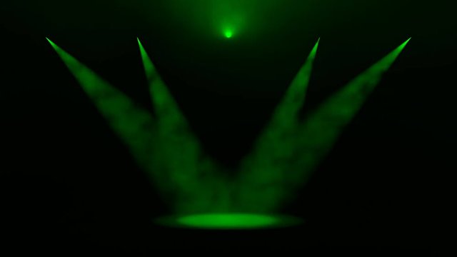 Five green spotlights shining down on an empty stage converging to form a central pool of light in a concept of entertainment, theatre, concert or performing arts as 3D rendering