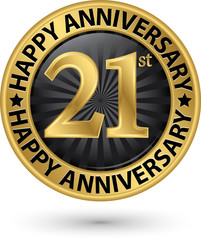 Happy 21st years anniversary gold label, vector illustration