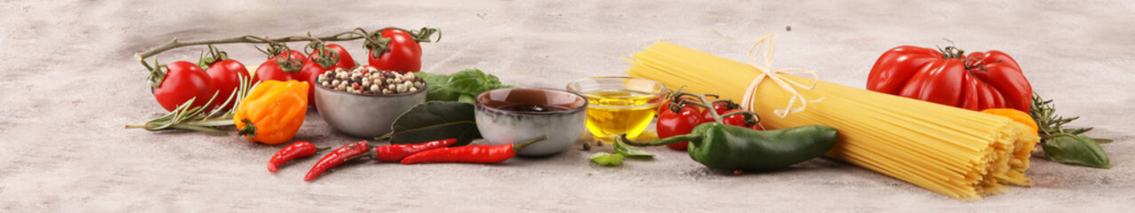 Italian food background with different types of pasta, health or vegetarian concept.