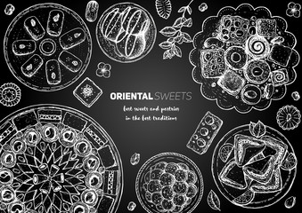 Oriental sweets vector illustration. Middle eastern food, hand drawn sketch. Linear graphic. Food menu background.