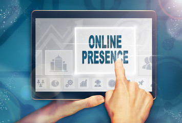 A hand holiding a computer tablet and pressing a Online Presence business concept.