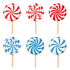 Set striped peppermint candies, caramel, vector. Cartoon style, isolated