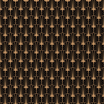 Seamless pattern in art deco retro style. Black and gold sequins geometric vector repeat background.