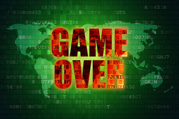 illustration of Pixel red game over screen on green digital world map background