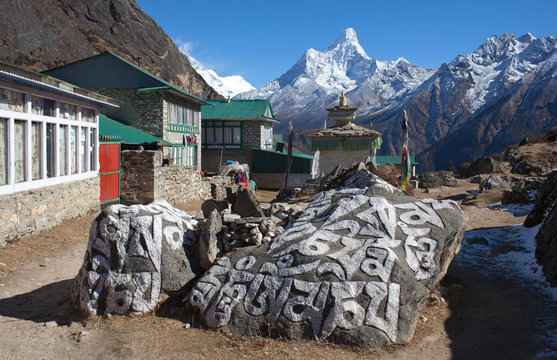 Khumjung village and Ama Dablam peak view on the way to Everest base camp, Sagarmatha, Nepal