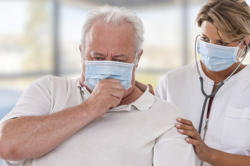 doctor examining lung of patient wearing mask for protection flu virus