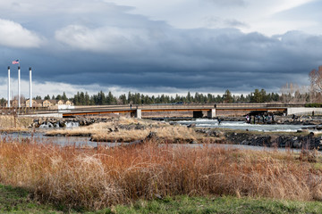 Old Mill District in Bend, Oregon in the early evening