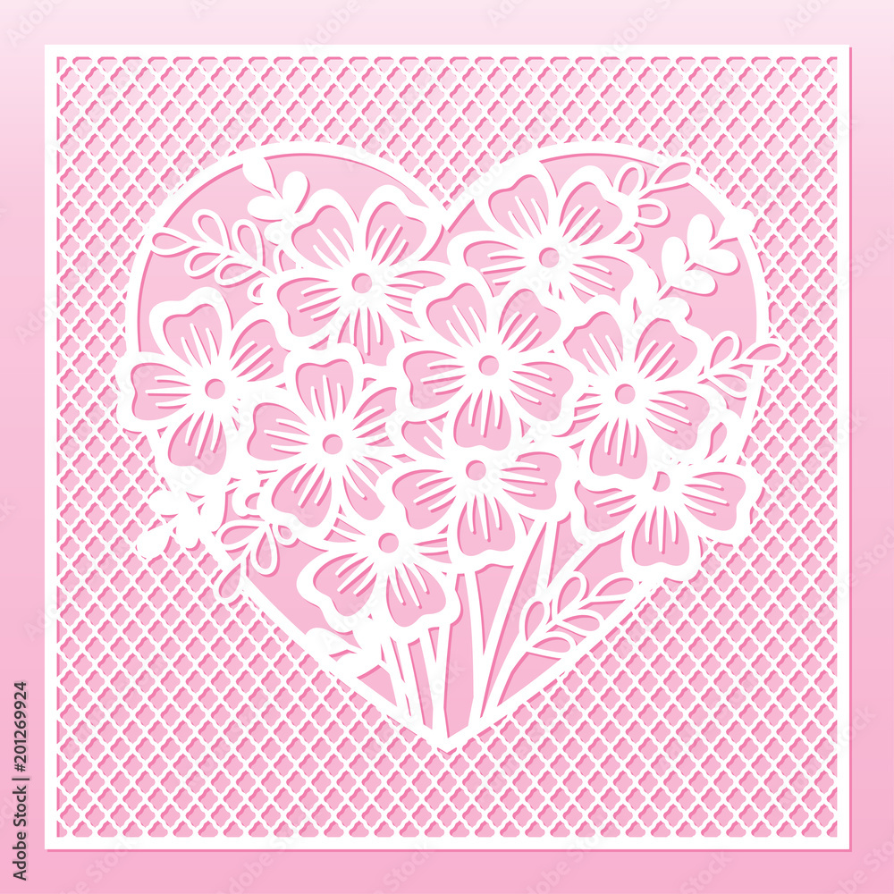 Wall mural openwork card with heart and flowers. laser cutting template.