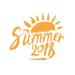 Summer 2018. Hand drawn yellow inscription and sun. Vector design logo template.