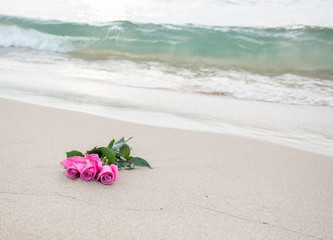 pink rose bouquet on beach sand with wave background