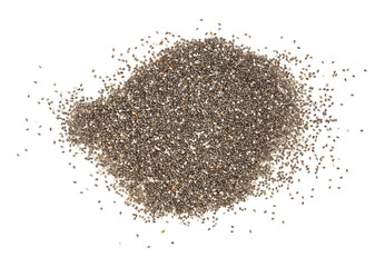 Pile of healthy chia seeds isolated on a white background. Top view.