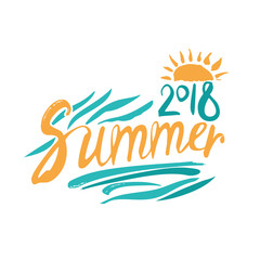 Summer. 2018. Hand drawn art inscription and sun. Vector design logo template.