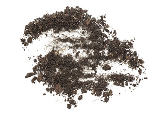 Pile of dirt isolated on a white background, top view.