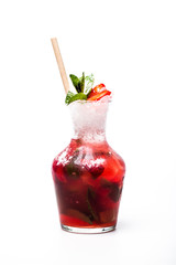 strawberry mojito cocktail at carafe on white background