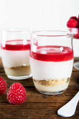 Raspberry dessert from whipped white chocolate mousse and raspbe