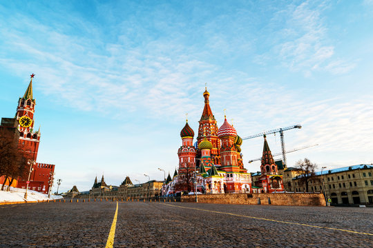 Saint Basil Cathedral on Red Square taken from empty Vasilyevskiy Spusk in Moscow, Russia