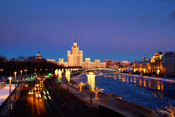 Sunset over famous landmarks - Kotelnicheskaya Embankment Building in Moscow, Russia