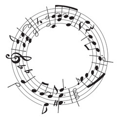 Vector hand drawn illustration with decoration of musical notes in the shape of a circle