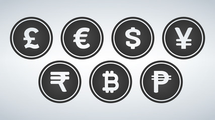 Currency Sign Black Vector Button Icon Design Set, vector illustration.