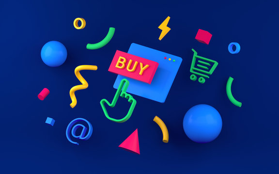Online shopping or internet shop concepts, with shopping cart symbol. Trend geometry 3d illustration.