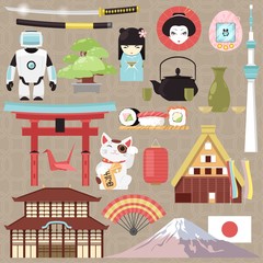 Japan vector japanese culture and architecture or oriental cuisine sushi in Tokyo illustration set of Japanization symbols character robot or geisha doll in kimono isolated on background