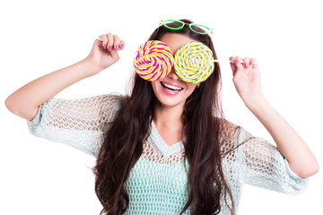Funny fashion woman with lollipops.