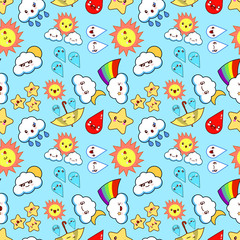 Kawaii weather icons. Colored vector seamless pattern on blue background Flat design Vector Illustration EPS