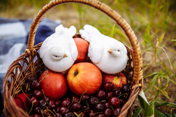 Fruits, apples, cherries in the basket